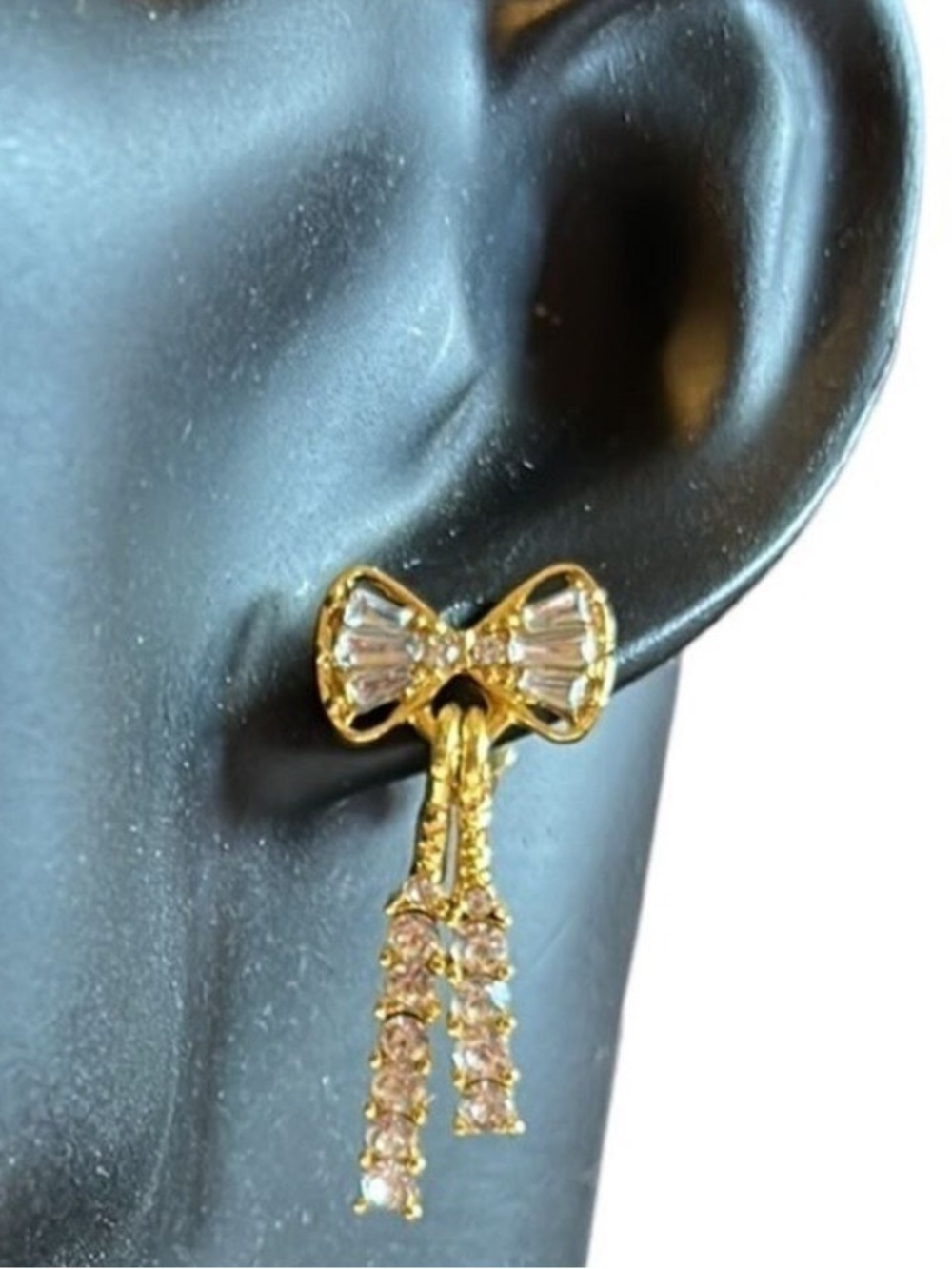 Zircon Crystal Bow Pierced Dangle Earrings in Gold Tone